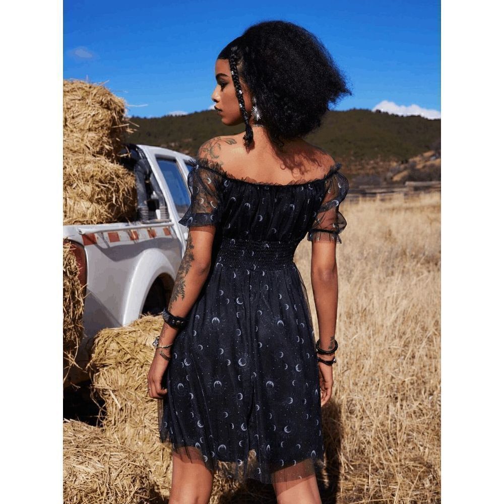 Off Shoulder Goth Witch Moon Print Contrast Mesh Flared Shirred Dress L NWT - Picture 5 of 16